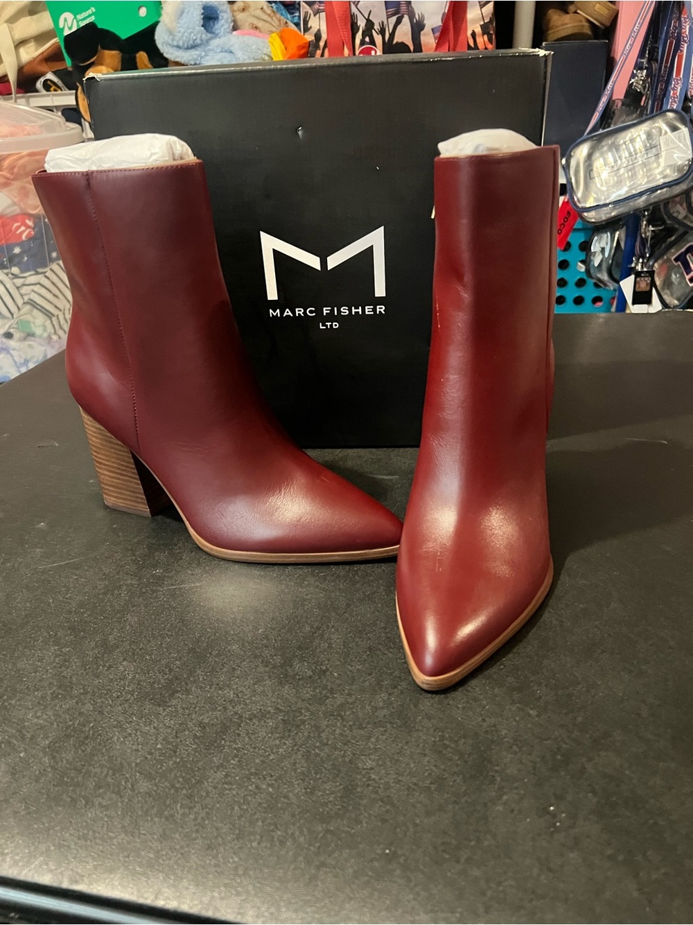 Marc Fisher melysa Burgundy Pointed Toe Leather Ankle Booties with Stacked Heel